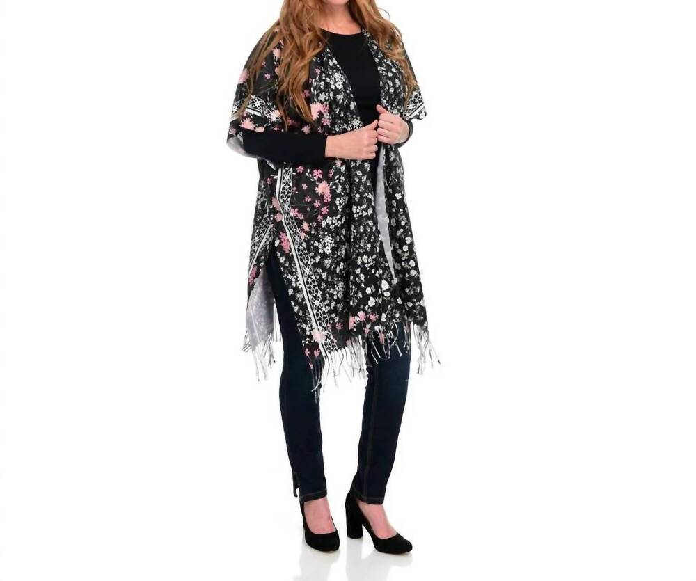 NEW JC SUNNY FASHION printed brushed woven acrylic fringe detailed ruana wrap in